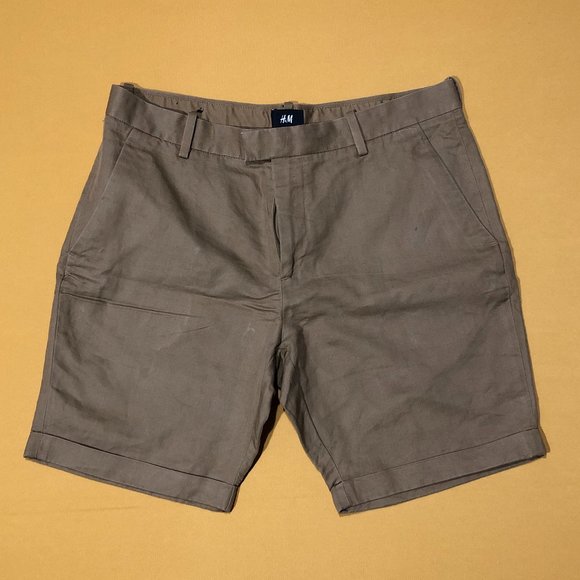 H&M Mens 33R Chino Khaki Tan Flat Front Cotton Blend Stretch Shorts - Picture 1 of 5